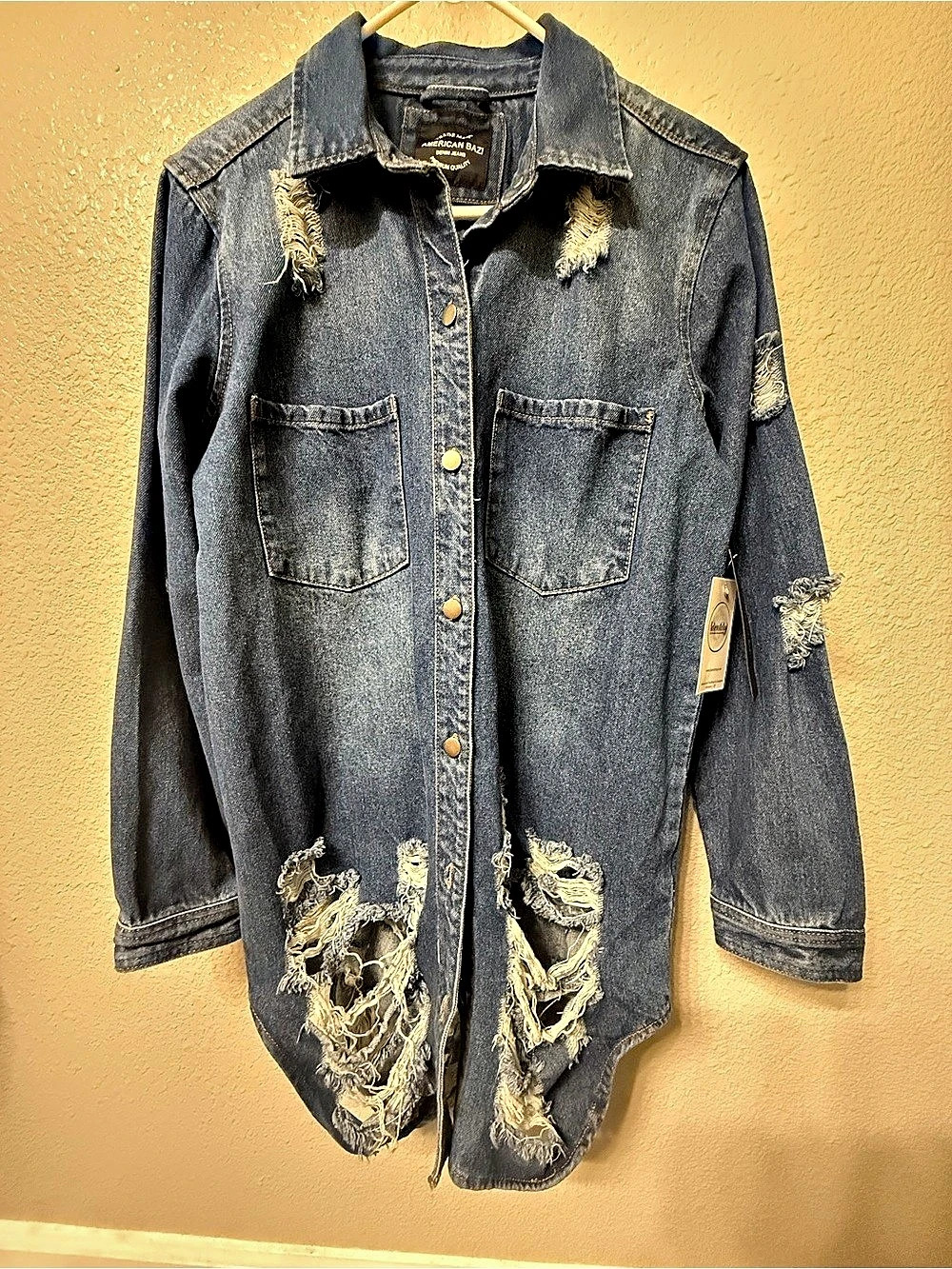 American Bazi Distressed Denim Shirt Jacket Blue Medium NWT